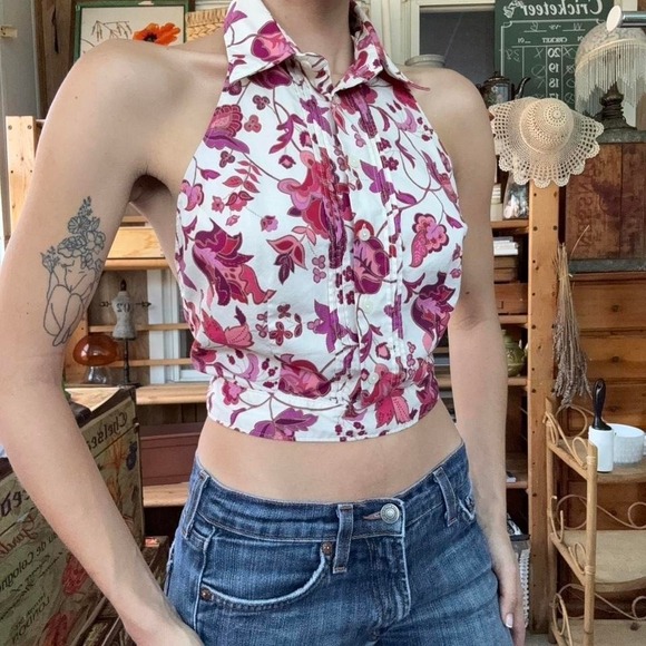 Express Stretch Vintage Y2K Pink Floral Paisley Halter Top Open Back Size 5/6 - Picture 2 of 8